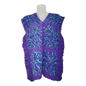 Vintage  Handcrafted Handmade Crochet Vest Purple and Turquoise Medium 70s Comfy